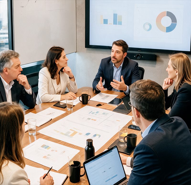 Executivos em reunião de trabalho em torno de uma mesa com gráficos e anotações, diante de uma tela com indicadores