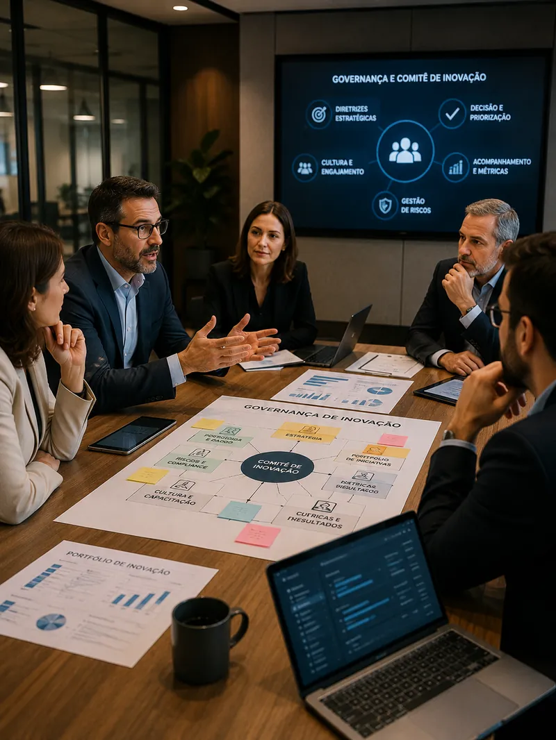 Comitê reunido em torno de uma mesa com o mapa da governança de inovação, diante de uma tela com as diretrizes do comitê