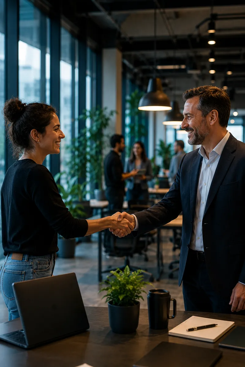 Empreendedora e executivo apertam as mãos em um escritório, selando a conexão entre startup e empresa