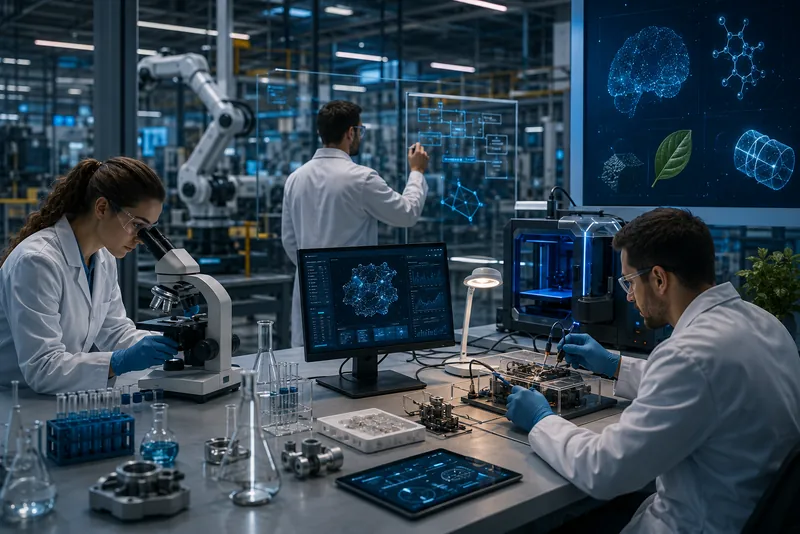 Pesquisadores em laboratório, ao microscópio e diante de monitores com dados
