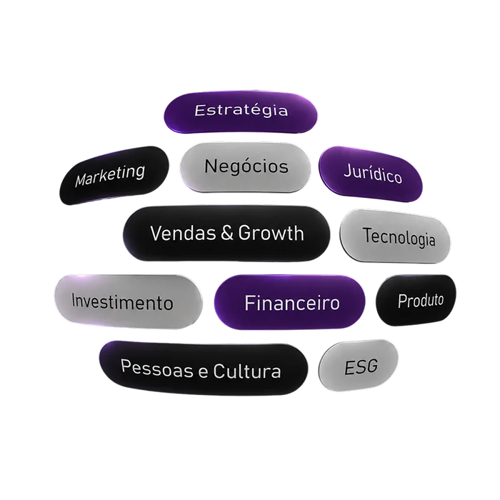 Áreas de atuação dos mentores: Estratégia, Negócios, Jurídico, Marketing, Vendas e Growth, Tecnologia, Investimento, Financeiro, Produto, Pessoas e Cultura e ESG