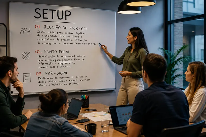 Consultora conduzindo a reunião de kick-off diante de um quadro com as etapas do setup